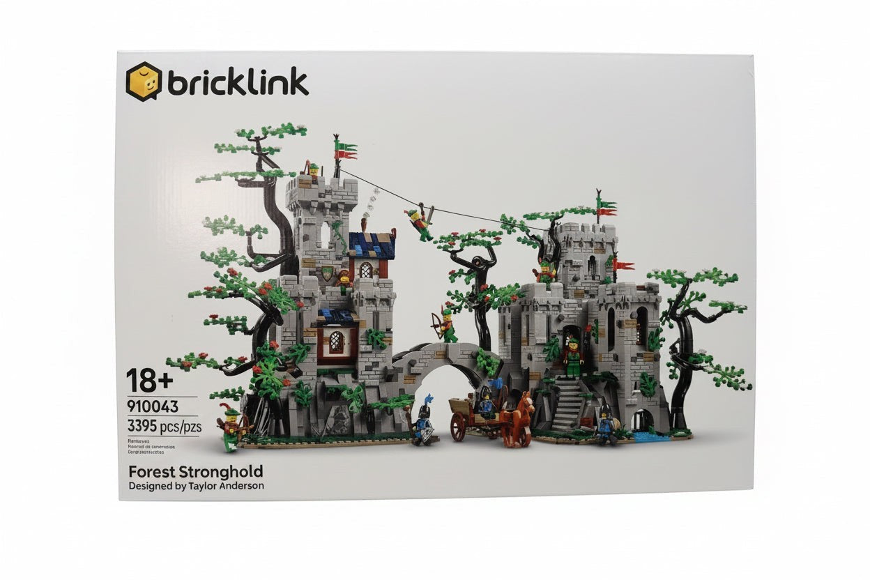 Legacy Brick LEGO Forest Stronghold set 910043 featuring a detailed castle, trees, and minifigures in factory box.