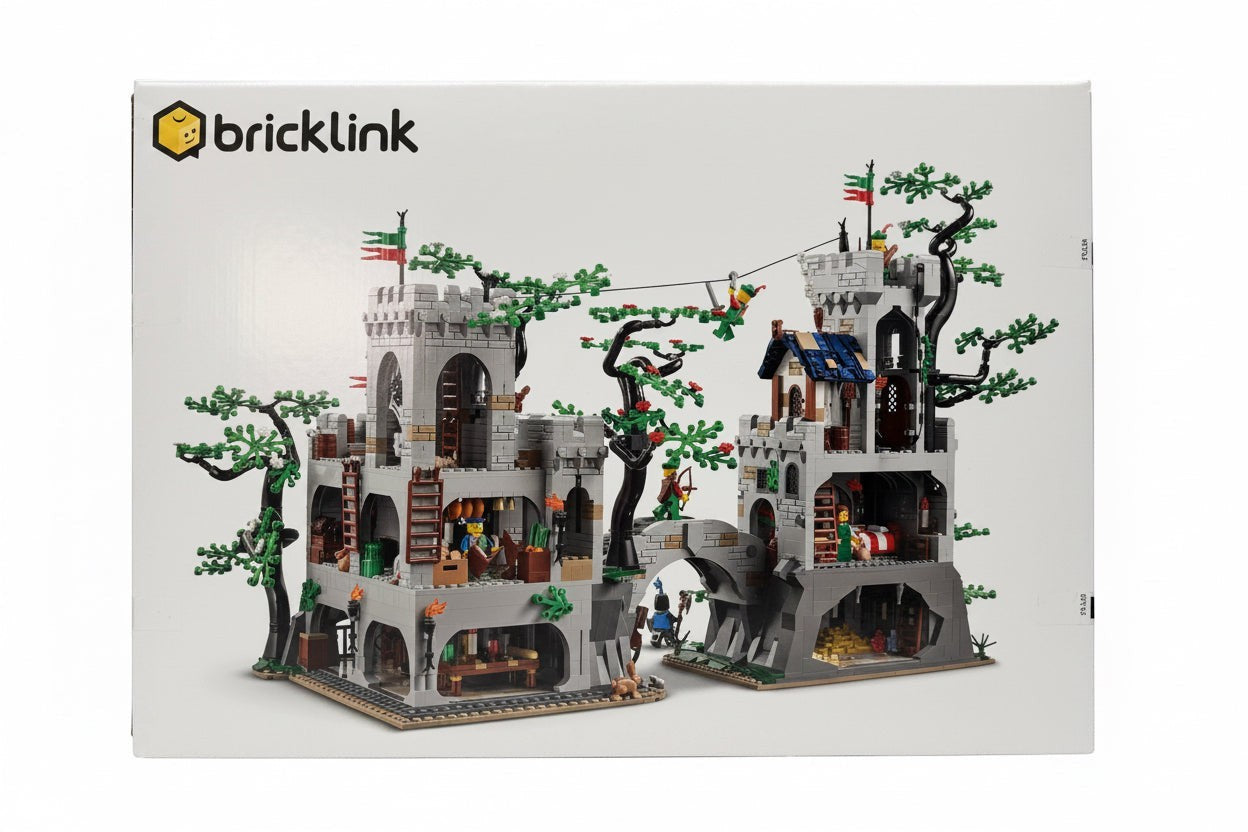 Legacy Brick LEGO Forest Stronghold set 910043 featuring a detailed castle, trees, and minifigures in factory box.