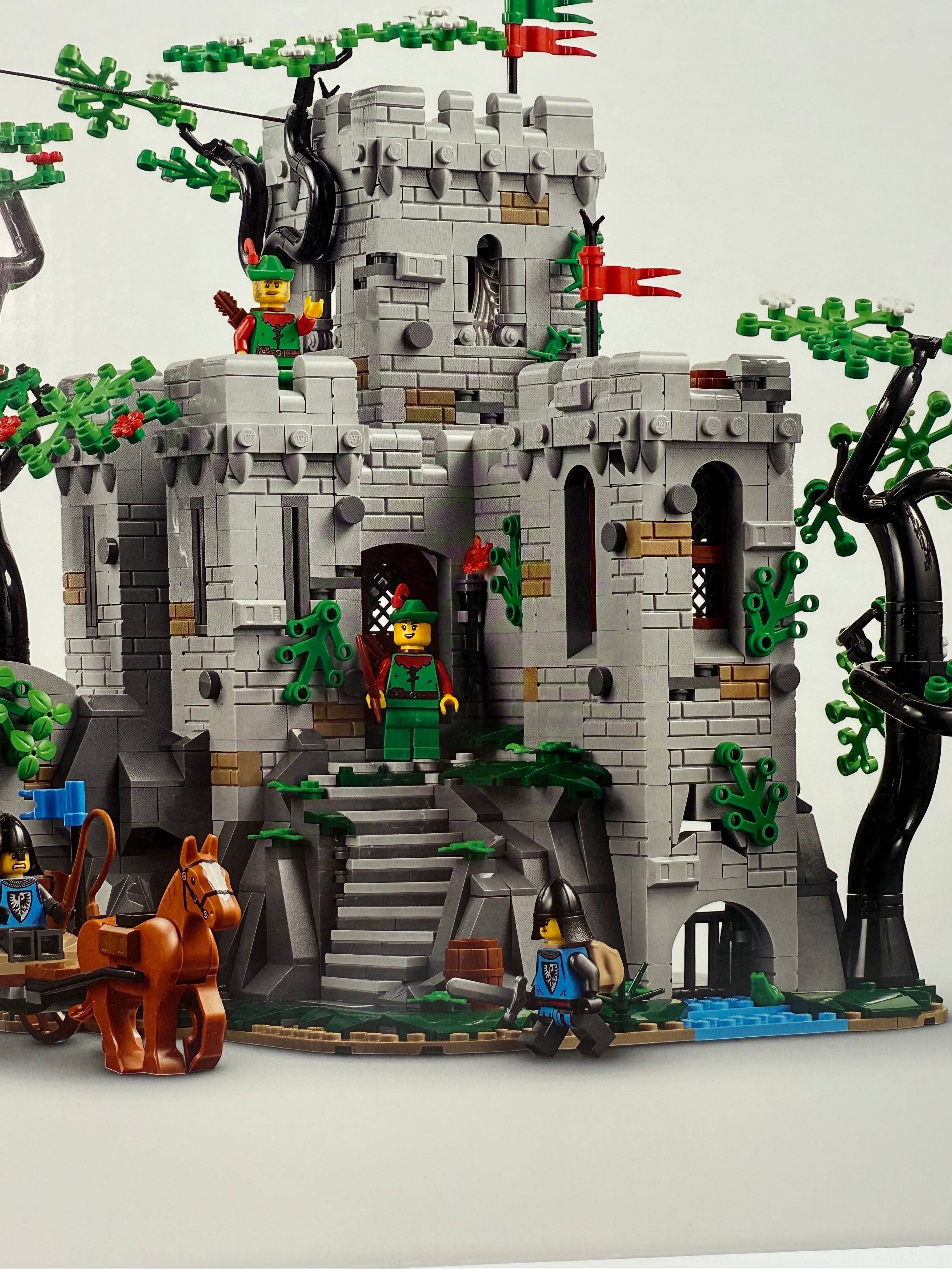 Legacy Brick LEGO Forest Stronghold set 910043 featuring a grey stone castle, forest minifigures, and a horse.